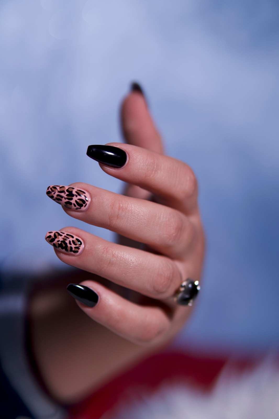 Black and neutral leopard print nail art on medium length nails