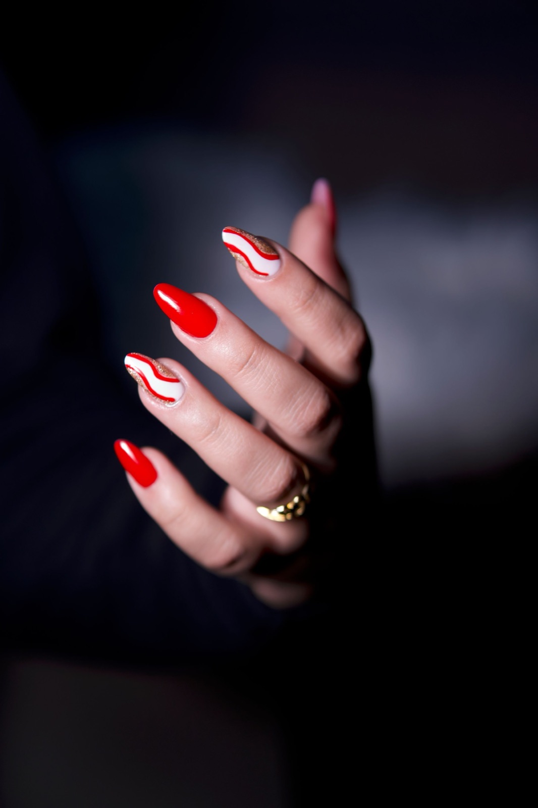 Elegant red and white two tone manicure on medium length nails