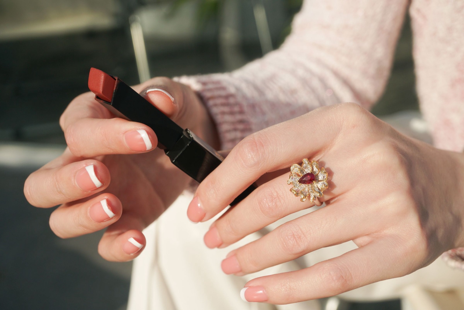 Short French manicure with a thin crisp white smile line on natural length nails